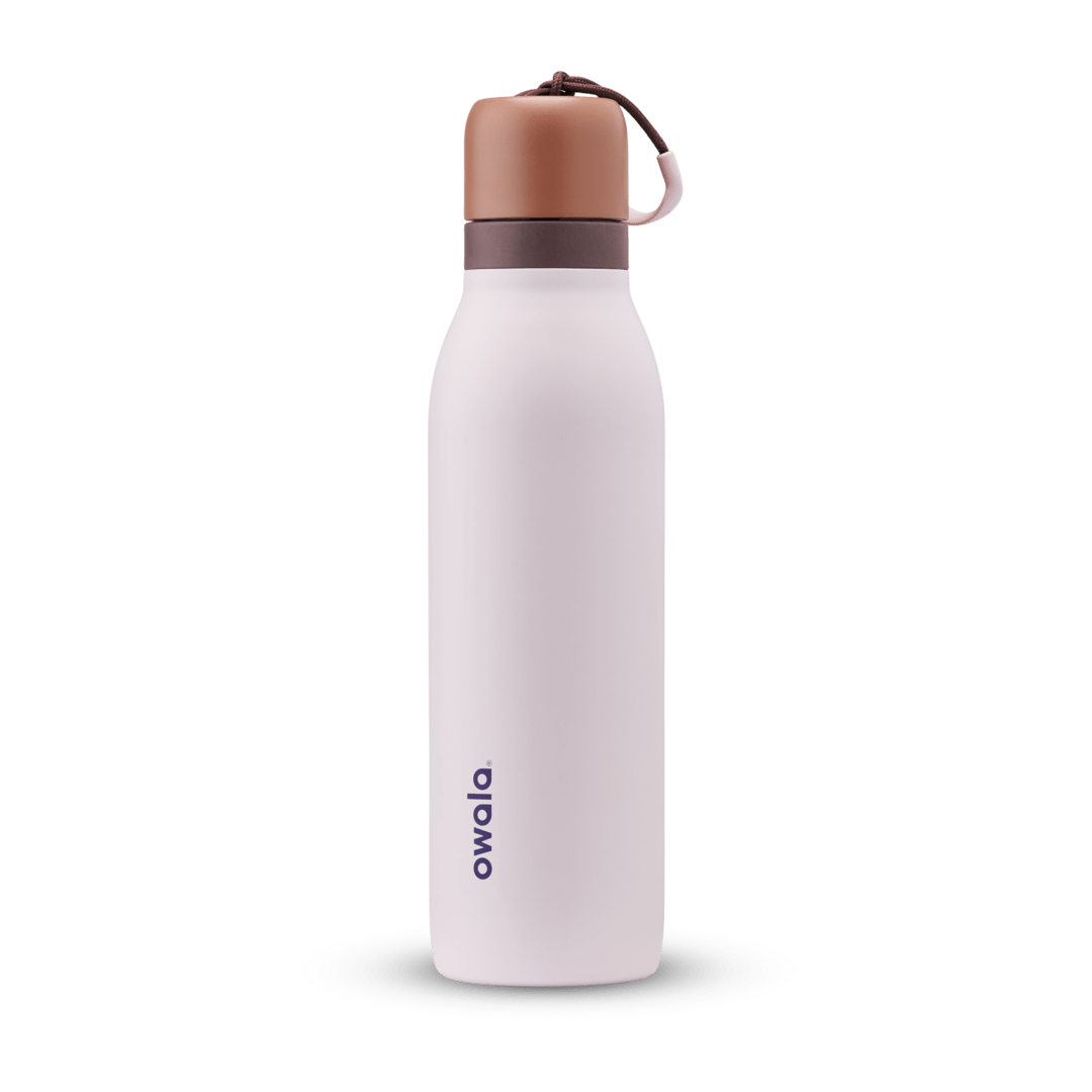 Owala white and brown 18oz FreeSip Twist water bottle.
